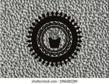 fries icon inside black emblem with grey bubbles background. Vector Illustration. Detailed. 
