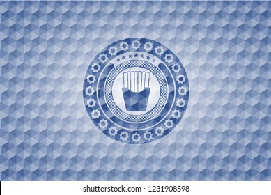 fries icon inside blue badge with geometric pattern.