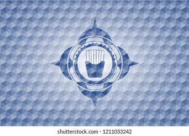 fries icon inside blue emblem with geometric pattern background.