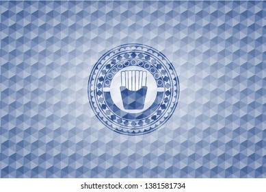 fries icon inside blue emblem or badge with abstract geometric pattern background.