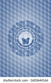 fries icon inside blue emblem or badge with abstract geometric polygonal pattern background.
