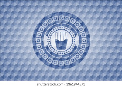 fries icon inside blue polygonal badge.