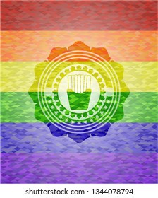 fries icon inside emblem on mosaic background with the colors of the LGBT flag
