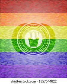 fries icon inside emblem on mosaic background with the colors of the LGBT flag