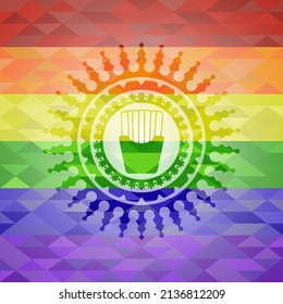 fries icon inside emblem on mosaic background with the colors of the LGBT flag. 