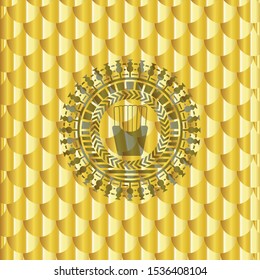 fries icon inside gold badge. Scales pattern. Vector Illustration. Detailed.