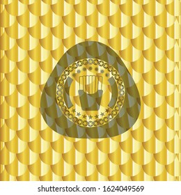 fries icon inside gold badge or emblem. Scales pattern. Vector Illustration. Detailed.