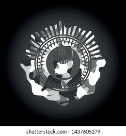 fries icon inside grey camouflaged emblem