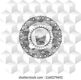 fries icon inside grey emblem with geometric cube white background