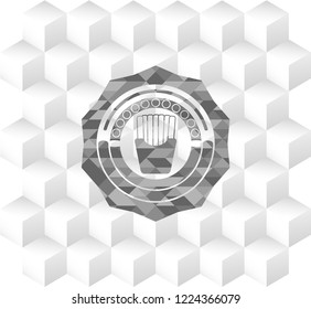 fries icon inside grey icon or emblem with geometric cube white background