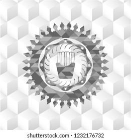 fries icon inside grey emblem with geometric cube white background