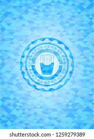 fries icon inside light blue emblem with triangle mosaic background
