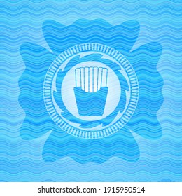 fries icon inside light blue water wave emblem. 