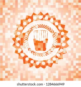 fries icon inside orange tile background illustration. Square geometric mosaic seamless pattern with emblem inside.
