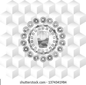 fries icon inside realistic grey emblem with geometric cube white background
