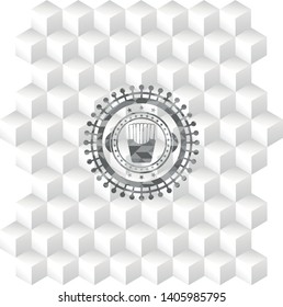 fries icon inside realistic grey emblem with geometric cube white background