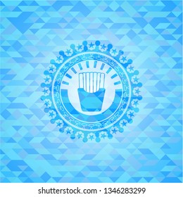 fries icon inside realistic light blue emblem. Mosaic background