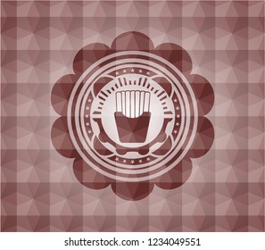 fries icon inside red badge with geometric background. Seamless.