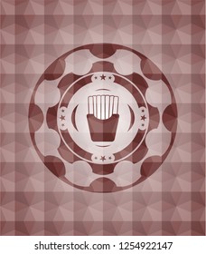 fries icon inside red badge with geometric pattern background. Seamless.