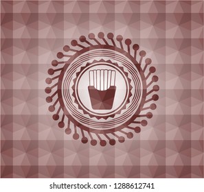 fries icon inside red badge with geometric pattern background. Seamless.