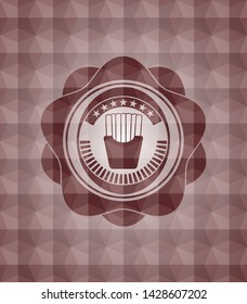 fries icon inside red badge with geometric background. Seamless.