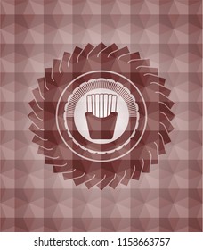 fries icon inside red emblem with geometric background. Seamless.