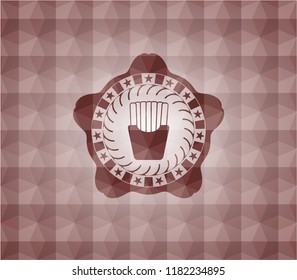 fries icon inside red emblem or badge with abstract geometric pattern background. Seamless.
