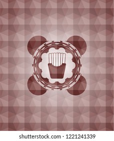 fries icon inside red emblem with geometric pattern. Seamless.