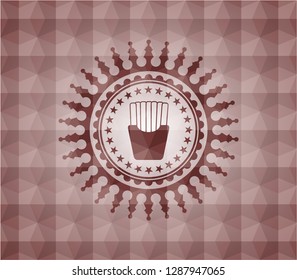 fries icon inside red emblem with geometric pattern. Seamless.
