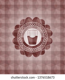 fries icon inside red seamless emblem or badge with abstract geometric polygonal pattern background.