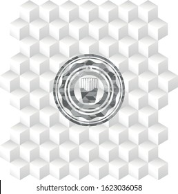 fries icon inside retro style grey emblem with geometric cube white background
