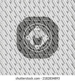 fries icon inside silver badge or emblem. Scales pattern. Vector Illustration. Detailed. 