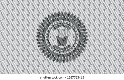 fries icon inside silver emblem or badge. Scales pattern. Vector Illustration. Detailed.