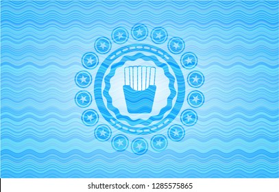 fries icon inside sky blue water emblem background.