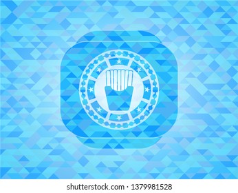 fries icon inside sky blue emblem with mosaic ecological style background