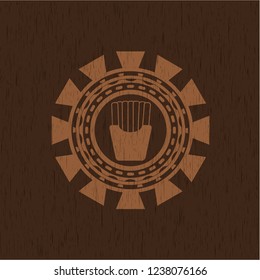 fries icon inside wooden emblem. Vintage.