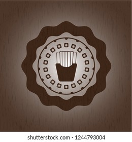 fries icon inside wooden emblem. Vintage.