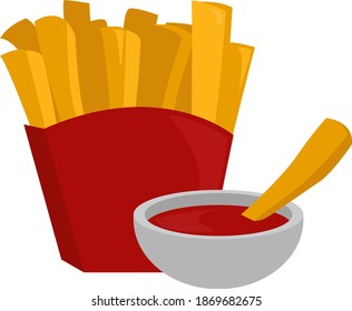 Fries with ketchup, illustration, vector on white background.