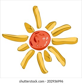fries and ketchup over white background