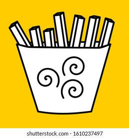 fries in a paper bag with abstract drawing, black linear icon on yellow isolated background