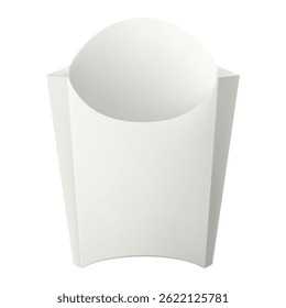Fritas Caixa De Papel Branco. Mockup 3d isolado. Recipiente de cartão de suporte de batatas fritas. Pacote de papel vazio. Uma maquete realista. Embalagem de papelão de fast street food. Modelo de vetor