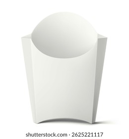 Fries Caja de Papel Blanco. Maqueta 3D aislada. Francés contenedor de cartón titular de patatas fritas. Paquete de papel vacío con sombra. Maqueta realista. Empaquetado rápido del cartón de la comida callejera. Plantilla de Vector
