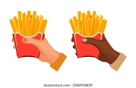 fries in red cardboard packaging in hands on white background. White and dark skinned hands holding potato sticks Vector illustration fast food vector illustration 