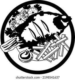 Fries and Salmon Vector Icon Design, National Dish of United Kingdom or Britain Sign,Traditional cuisine Symbol, Gourmet food cooking with ingredients , Fried fish and Chips on Plate Concept