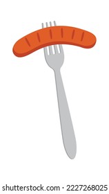 Fries sausage on fork flat icon Tasty snack
