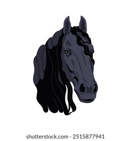 Cabeza de caballo frisón, majestuoso semental con melena negra. Elegante hermoso noble semental de pura raza, avatar equino, retrato de animales de pura raza. Ilustración vectorial plana aislada sobre fondo blanco