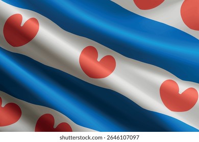 Bandeira da Frísia balançando ao vento, textura de seda detalhada e realista. Província dos Países Baixos