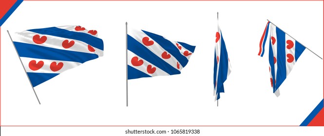 Friesland province flag set in Netherlands waving in the wind in solemn or proud style. Vector illustration.