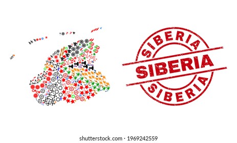 Mosaico cartográfico de la provincia de Frisia y placa de círculo rojo de Siberia. La insignia de Siberia utiliza líneas vectoriales y arcos. El mosaico de mapas de la provincia de Friesland contiene marcadores, casas, duchas, bichos, estrellas y más íconos.