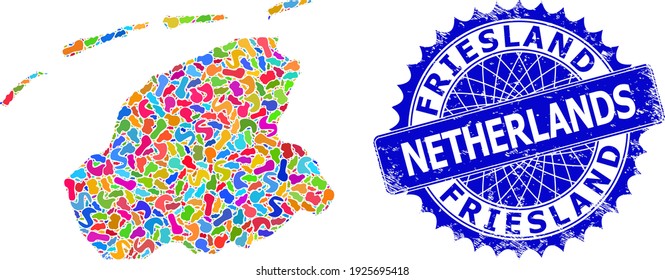 Plantilla de mapa de la provincia de Frisia. Mapa de collage y sello de caucho para la provincia de Frisia. Marca azul rosetón nítida con etiqueta para el mapa de la provincia de Frisia.